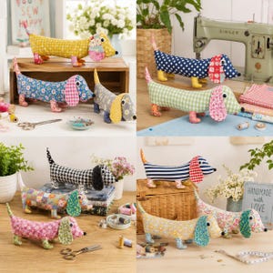 May include: A collection of fabric dachshund-shaped stuffed animals featuring various patterns including yellow grid, blue floral, black and white houndstooth, navy polka dot, green gingham, and colorful floral prints with button eyes and floppy ears.