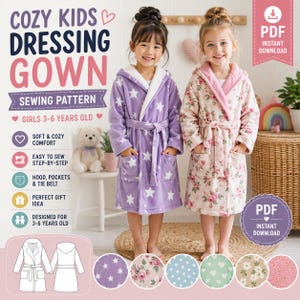 May include: A sewing pattern for a kids' dressing gown, featuring text 'COZY KIDS DRESSING GOWN SEWING PATTERN'. The image shows two children wearing robes: one purple with white stars and a white lining, the other floral with a pink lining.