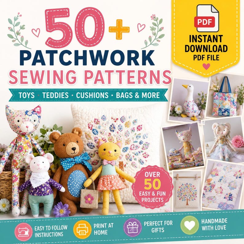 May include: A digital PDF file titled 50+ Patchwork Sewing Patterns featuring instructions for toys, teddies, cushions, and bags. The cover displays various fabric-made animals and quilted items, including a cat, bear, and mouse, with text indicating instant download and over 50 easy projects.