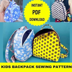 May include: A sewing pattern for a kids' backpack. The pattern includes instructions for making a backpack with a cloud print and a yellow polka dot print. The pattern is available as an instant PDF download.