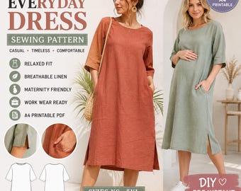 May include: A sewing pattern for a ladies everyday dress, featuring a relaxed fit, breathable linen, and maternity friendly design. The pattern is available as an A4 printable PDF in sizes XS to 5XL, US 4 to 28. Includes illustrations of the dress in rust and sage green.
