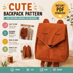 Molde para Mochila Raposa Fofa, Download do Molde em PDF, Faça Você Mesmo, Acessórios para Mochila com Tema de Animais para Meninas, Mulheres e Meninos, Presente