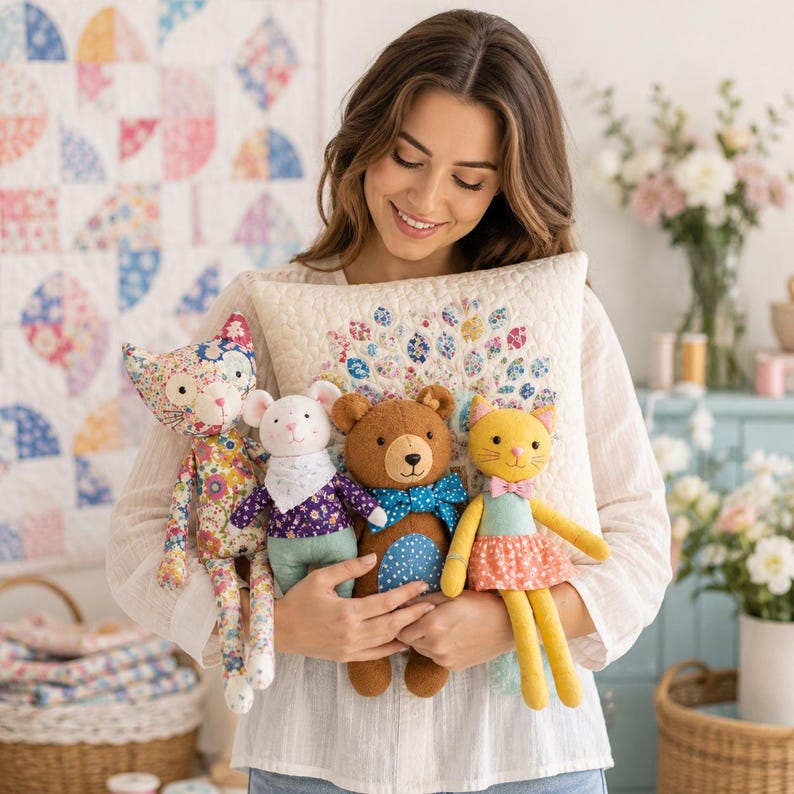 May include: A square quilted throw pillow with a floral peacock tail design, held alongside four plush toys: a floral cat, a white mouse with a purple shirt, a brown bear with a blue polka-dot bow tie, and a yellow cat with a pink bow tie.