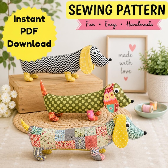 Dachshund Sewing Pattern, Easy Patchwork Soft Toy (PDF Instant Download)