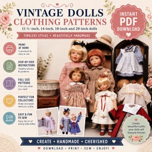 Pode incluir: Um anúncio digital de moldes de roupas de boneca vintage para bonecas de 29 cm, 35 cm, 46 cm e 51 cm. A imagem mostra quatro bonecas vestindo vários vestidos, junto com texto detalhando instruções de impressão em casa e moldes para criar roupas de boneca feitas à mão.