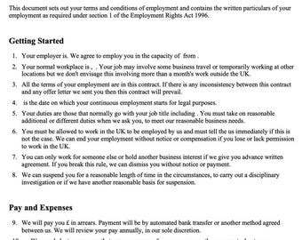 May include: A black and white document with the title "Employment Contract". The document outlines the terms and conditions of employment, including work hours, pay, and expenses.