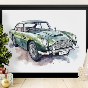 Aston Martin DB5 Car watercolour gift for boyfriend, husband, man cave art wall art print vintage retro gift home decor poster/painting