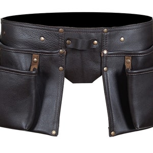 May include: A dark brown leather tool belt with multiple pockets and compartments. The belt features brass rivets and a loop for hanging tools. The leather has a textured appearance, suggesting durability and quality craftsmanship.