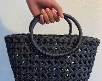Handmade Bag, Bag,  basket bag, knitting bag, black bag, handcraft bag, women's bag, eco bag, japanese paper band , black recycled paper,