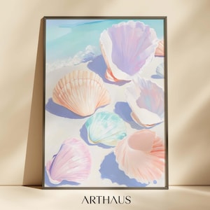 Pastel Coastal Painting Girly Apartment Decor Beach Dining Room Art Printable Summer Colourful Wall Art SeaShells Print Digital Download