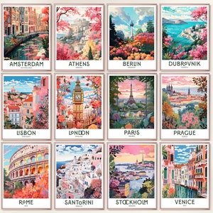 12 Retro European Travel Wall Art Colorful Retro City Art Vintage Poster Travel Decor Digital Download PRINTABLE Gallery Wall Art Set