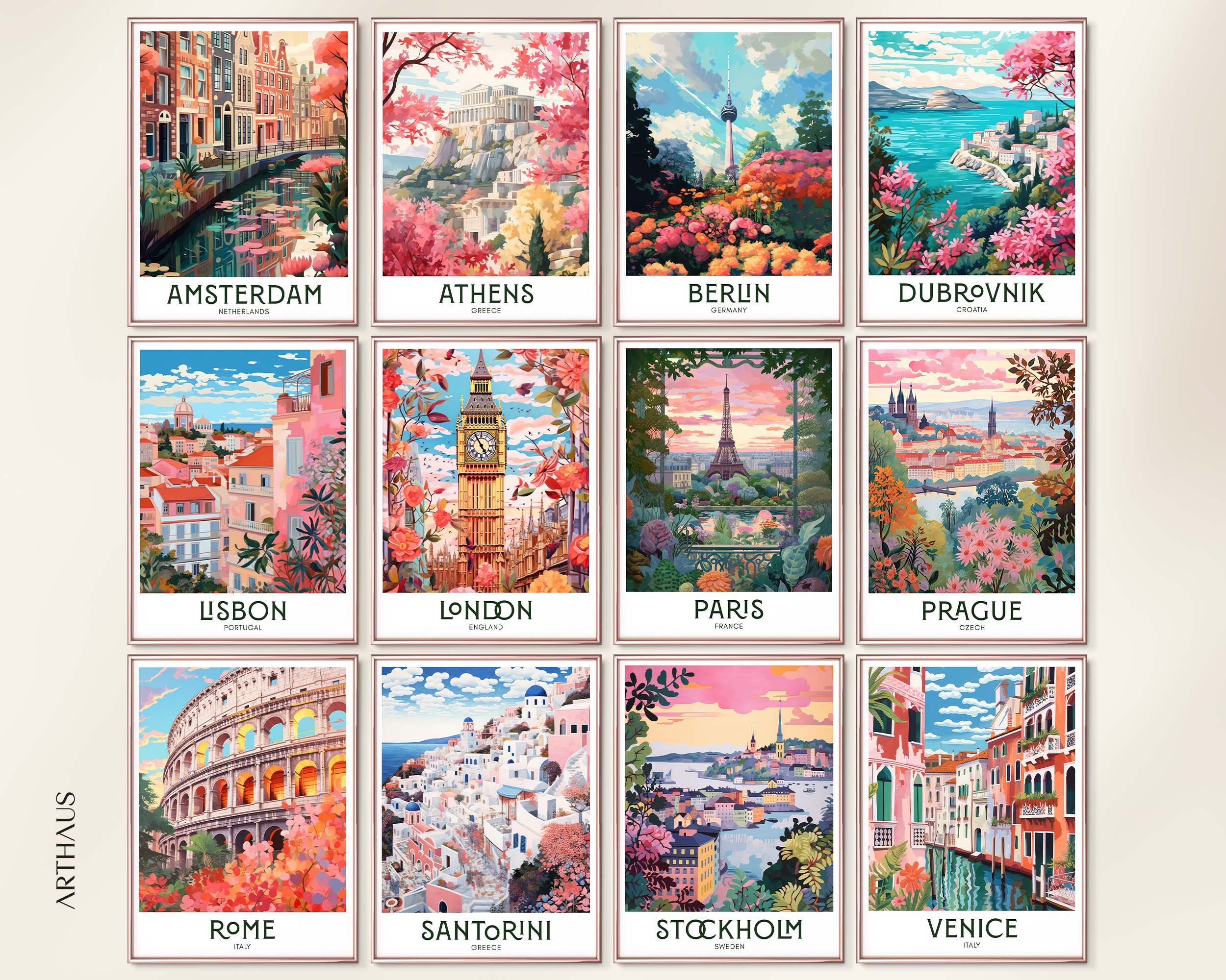 12 Retro European Travel Wall Art Colorful Retro City Art Vintage Poster Travel Decor Digital Download PRINTABLE Gallery Wall Art Set