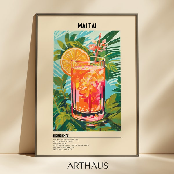 Mai Tai Cocktail Print | Tropical Retro Digital Art | Bar Cart Decor | Digital Download Printable Wall Art