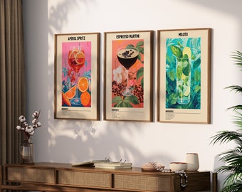 Cocktail Art Prints, Set of 3: Aperol Spritz, Martini, Mojito (Digital Download)