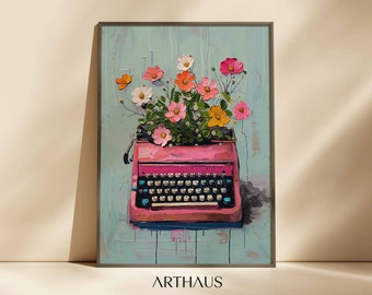 Rosa Schreibmaschine Blumendruck, Boho Wohnheim Wand Kunst (digitaler Download)