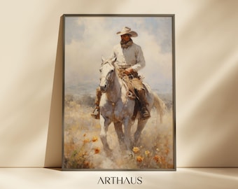 Vintage Cowboy Oil Painting: Southwest Horse Rider Art (Digital Download)