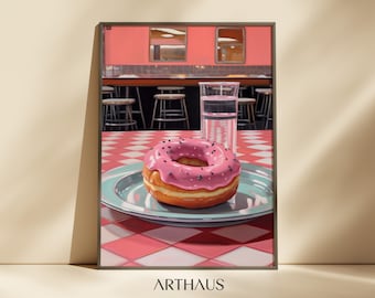 Pink Donut Print Preppy Dorm Room Wall Art Western Cafe Decor Trendy Painting PRINTABLE Digital Download