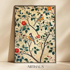 Traditional Indian Folk Wall Art  Floral Landscape Painting Living Room Decor Antique Indian Art Botanical Indian Painting Printable Poster