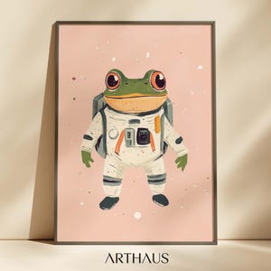 Arte de pared ecléctico con animales, decoración para habitación infantil, rana espacial imprimible, divertida rana para guardería, linda y divertida decoración infantil.