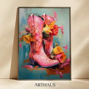 Cowgirl Boots Painting Floral Pink Poster Retro Western Nursery Printable Trendy Dorm Decor Pink Apartment Wall Art DIGITAL DOWNLOAD