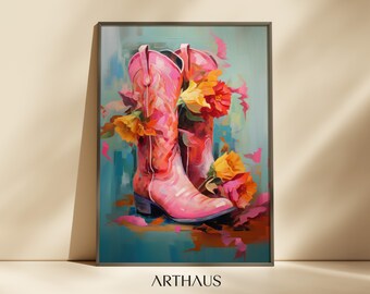 Pintura de botas de vaquera, póster floral rosa, decoración retro occidental para dormitorio infantil, decoración de dormitorio de moda, arte de pared para apartamento rosa, DESCARGA DIGITAL