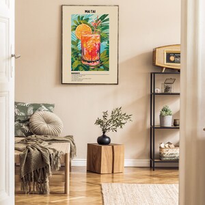 May include: A retro-style poster with a colorful illustration of a Mai Tai cocktail. The poster has a white background with the title "MAI TAI" in black text at the top. The poster also includes a list of ingredients and instructions for making the cocktail.