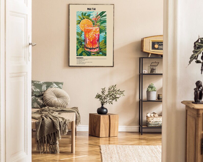 May include: A retro-style poster with a colorful illustration of a Mai Tai cocktail. The poster has a white background with the title "MAI TAI" in black text at the top. The poster also includes a list of ingredients and instructions for making the cocktail.