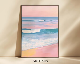 Peinture côtière pastel, décoration d'appartement girly, plage de salle à manger, impression d'art mural coloré d'été, impression impressionniste, téléchargement numérique