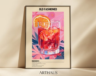 Lámina con diseño de cóctel clásico / Decoración vibrante para carrito de bar (Descarga digital)