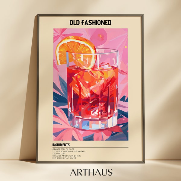 Old Fashioned Cocktail Print | Digital Wall Art | Cocktail Digital | Kitchen Wall Art | Bar Wall Art | Bar Cart Decor | Digital Download