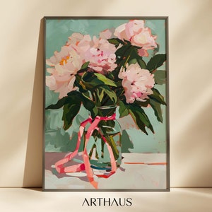 Pink Peonies Painting Coquette Vintage Print Farmhouse Wall Decor Ribbon Wall Art Living Room Art Digital Download PRINTABLE
