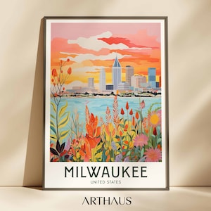 Cartaz de viagem de Milwaukee Wisconsin Arte dos Estados Unidos Decoração máxima Arte de parede moderna de meados do século Arte de parede eclética vibrante Download digital
