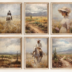 Vintage Cowboy Oil Painting Gallery Set Western Wall Art Neutral Digital Prints Vintage Rustic Southwest Decor PRINTABLE Digital Download