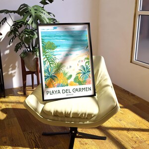 May include: A framed illustration of a beach scene with palm trees and turquoise water. The text "Playa del Carmen, Mexico" is at the bottom of the image.