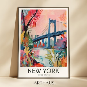 Póster de viaje de Nueva York para imprimir, impresiones de ciudades de EE. UU., póster de viaje de Nueva York con impresión maximalista colorida, descarga digital