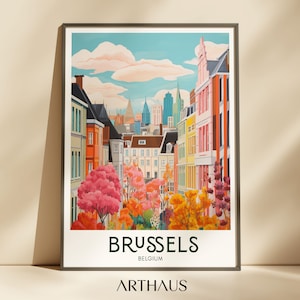 Póster de viaje de Bruselas Póster de viaje de Bélgica Decoración de pared imprimible Impresión de ciudades europeas Descarga digital de mediados de siglo