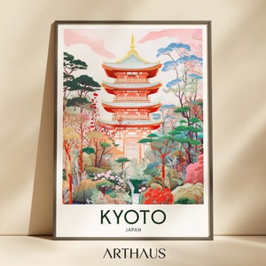 Póster de viaje de Kioto, arte mural de viaje a Japón, arte urbano colorido, decoración máxima, arte mural moderno, decoración de viaje, descarga digital