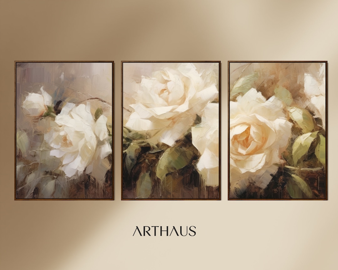 Printable Set of 3 White Roses Oil Painting, Vintage Landscape Art ...