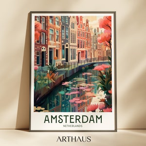 Póster de viaje de Ámsterdam, arte de pared retro, impresión de viaje de los Países Bajos, póster de Europa, decoración de pared vintage imprimible, descarga digital imprimible