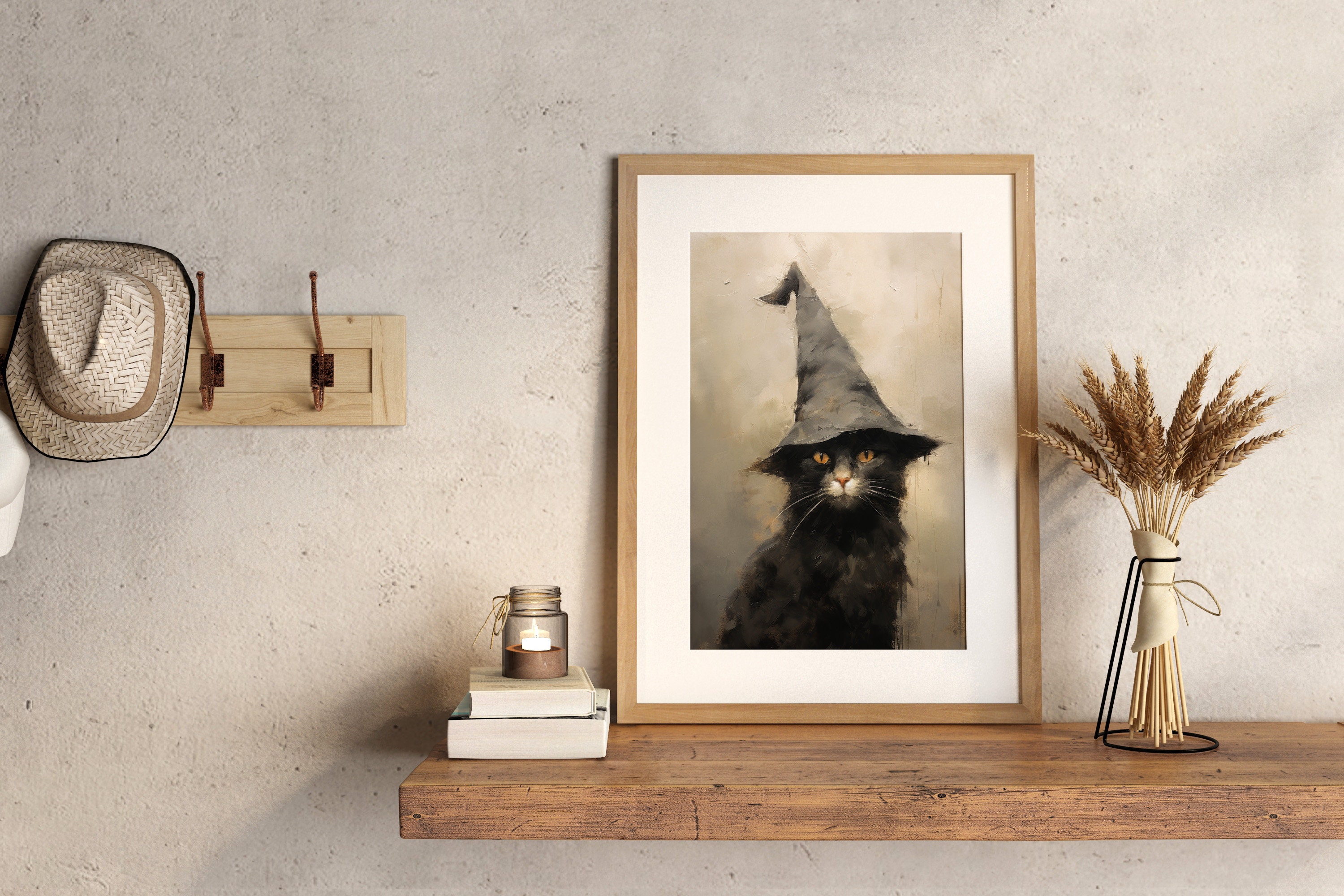 Halloween Black Cat Witch Art Print – Vintage Neutral Decor (digital ...