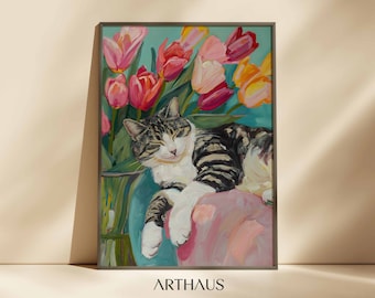 Stampa artistica di un gatto addormentato, decorazione floreale rosa femminile (download digitale)