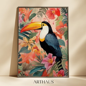 Eclectic Toucan Wall Art Jungle Poster stampabile Elegante stampa artistica di uccelli tropicali Decorazione per la casa di uccelli massimalisti Download digitale stampabile