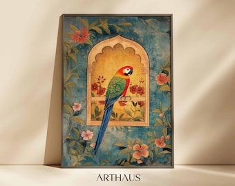 Traditionele Indiase volkskunst aan de muur groene papegaai schilderij vogel woonkamer decor antieke Indiase kunst Mughal Indiase schilderij