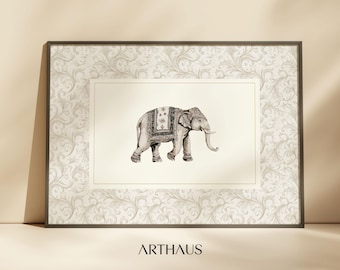 Vintage Indian Elephant Print: Neutral Boho Wall Art (Digital Download