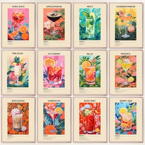 Juego de 12 impresiones de cócteles, juego de galería de pared con carrito de bar colorido, pósteres de cócteles retro, arte imprimible para bar, decoración de pared con bebidas, descarga digital