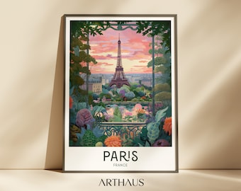 Retro Travel Poster Paris Print Eiffel Tower Wall Art Vintage Prints France Travel Poster European Retro Home Decor Modern Digital Download