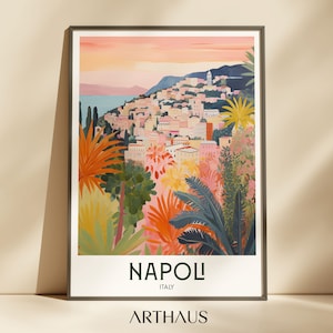 Póster de viaje de Nápoles, póster de Nápoles, Italia, decoración maximalista, arte mural de ciudades europeas, impresión de Italia, impresiones de paisajes, descarga digital colorida