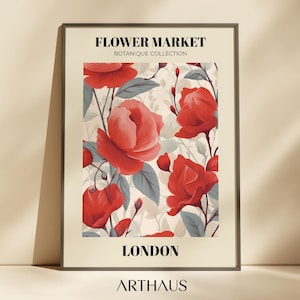 Flower Market London Print Red Floral Print Flower Market Prints Trendy Wall Art Botanical Wall Art Flower Poster Digital Art Download