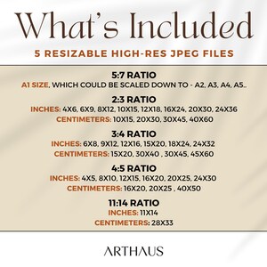 May include: A chart showing the different sizes and ratios of 5 high-resolution JPEG files included in a digital download. The sizes are listed in inches and centimetres.