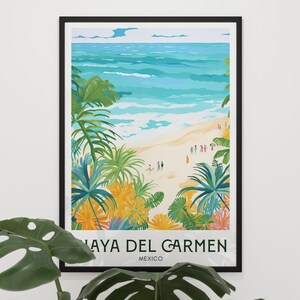 May include: A colourful illustration of a beach scene with palm trees, turquoise water, and white sand. The text "Playa del Carmen, Mexico" is at the bottom of the image.